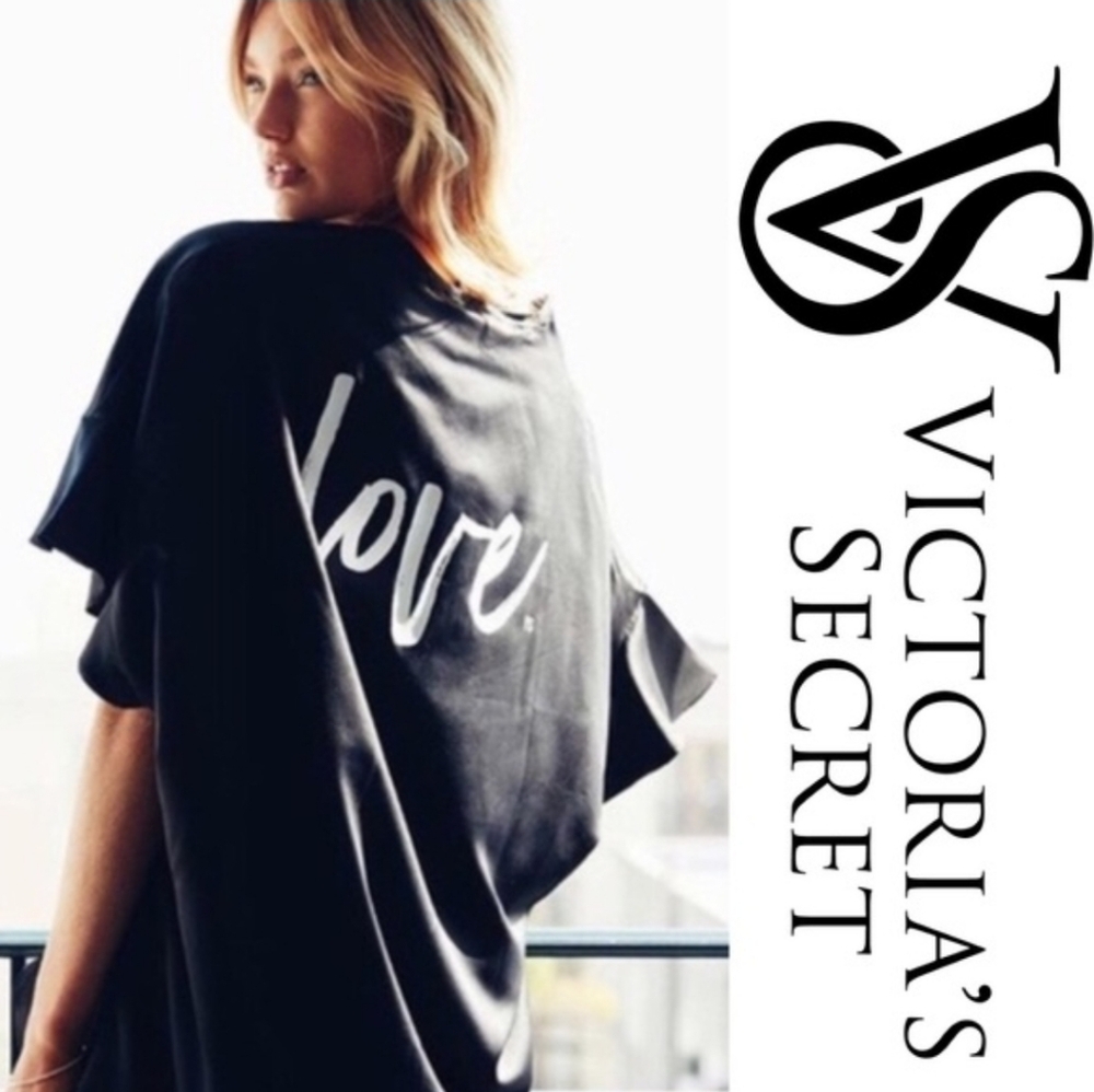 NWT Victoria’s Secret Love Black Silk Short Robe Kimono Sexy One Size